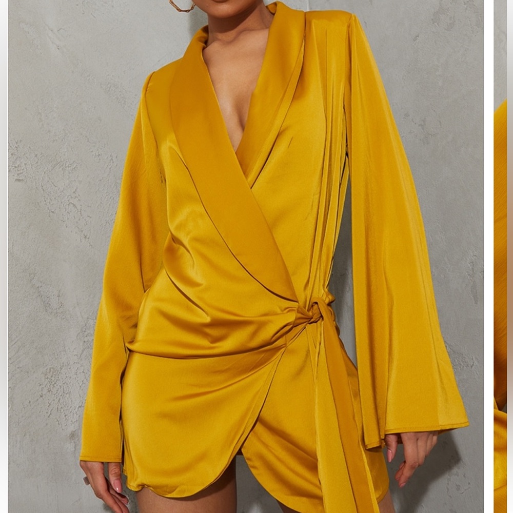 Chartreuse Extreme Plunge Tie Detail Shift Blazer Dress